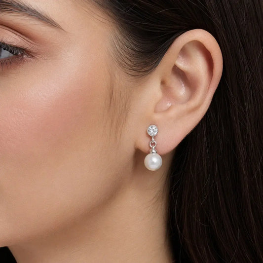 Elegant 925 Sterling Silver White Pearl Drop Stud Earrings with Round Cubic Zirconia for Women
