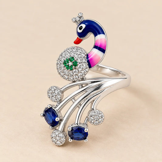 Silver Blue Gem Stone with Peacock Design Ring for Girls