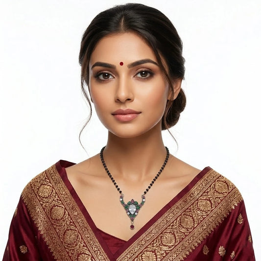 Silver Green and Purple Gem Stone Drop Design MangalSutra for Girls