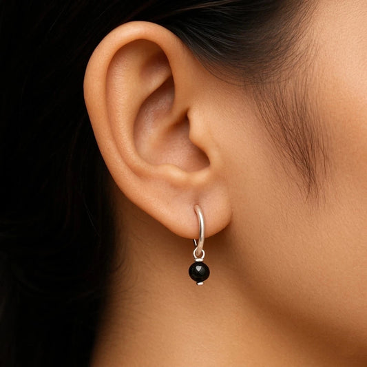 Silver Hoop TickTock Earrings with Black Bead Charm