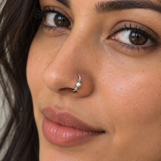 Silver Nose Ring with Pearl Ball & Twisted Bead Detailing