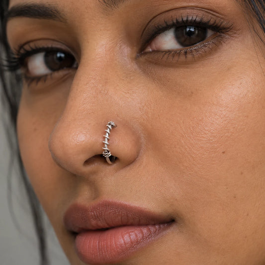 Silver Nose Ring with Twisted Wire Wrap & Textured Hoop Design