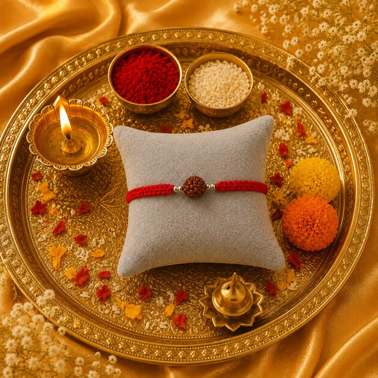 Premium handmade Rudraksha Rakhi with natural Rudraksha bead, silver spacer beads, and red braided thread displayed on a grey velvet cushion with a luxurious Raksha Bandhan festive background featuring kumkum, rice, and golden satin fabric.