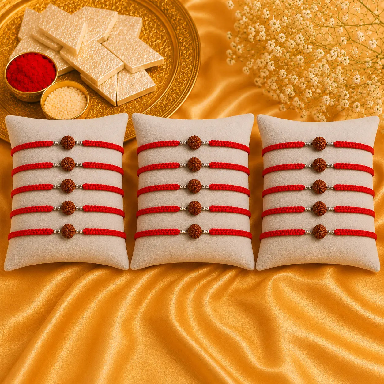 Premium handmade Rudraksha Rakhi with natural Rudraksha bead, silver spacer beads, and red braided thread displayed on a grey velvet cushion with a luxurious Raksha Bandhan festive background featuring kumkum, rice, and golden satin fabric.