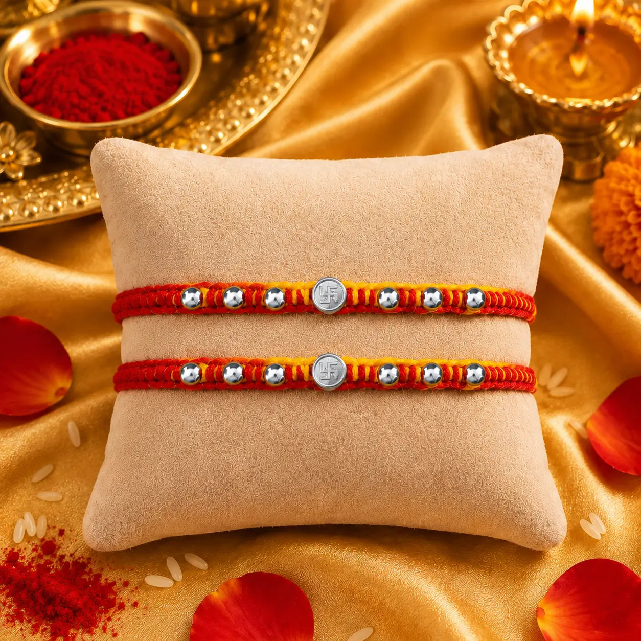 Premium silver Swastik Rakhi with red and yellow thread and silver beads on a beige cushion
