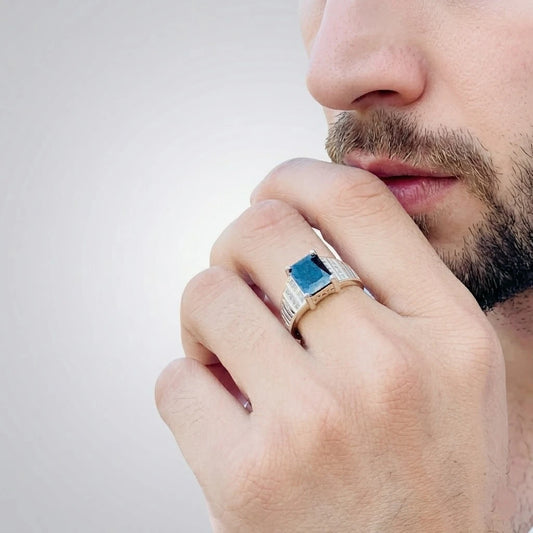Sleek Silver Ring for Men with a Bold Blue Stone