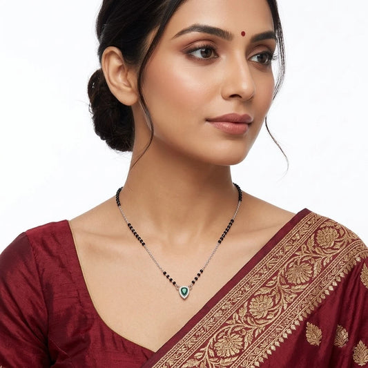 Sparkling Essentials Green Gemstone Silver Mangalsutra