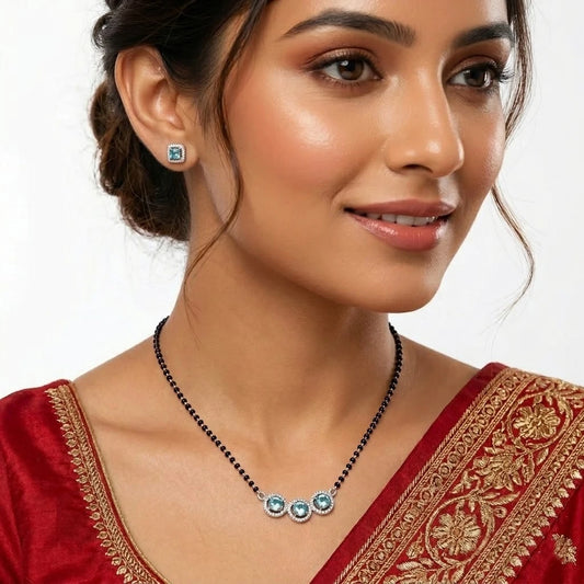 Sparkling Sky-Blue CZ Stone 925 Silver Mangalsutra with Matching Earrings