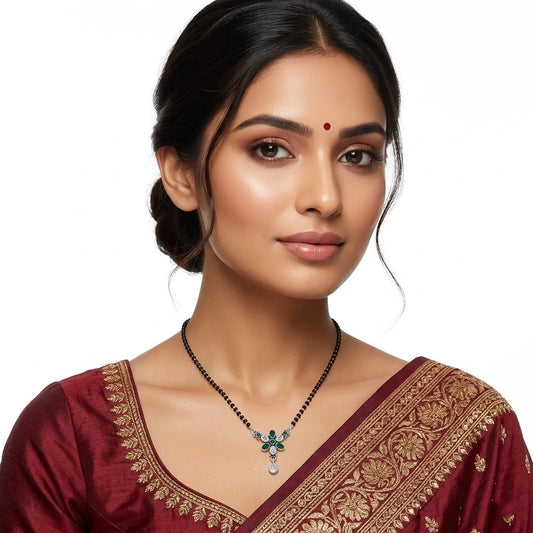 Sterling Silver Round Green Oval Gemstone Mangalsutra