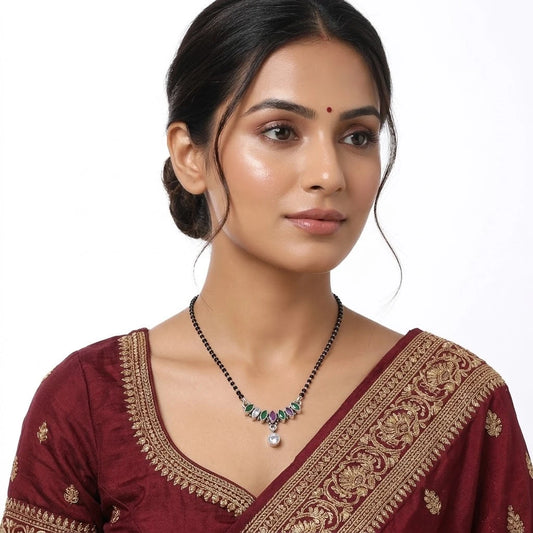 Sterling Silver Round Green and Purple leaf Gemstone Mangalsutra