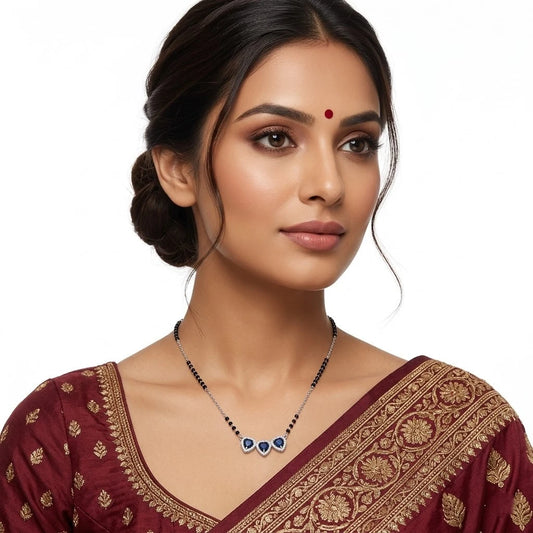 Sterling Silver Three Center Heart Shape Blue Stone Mangalsutra for Girls
