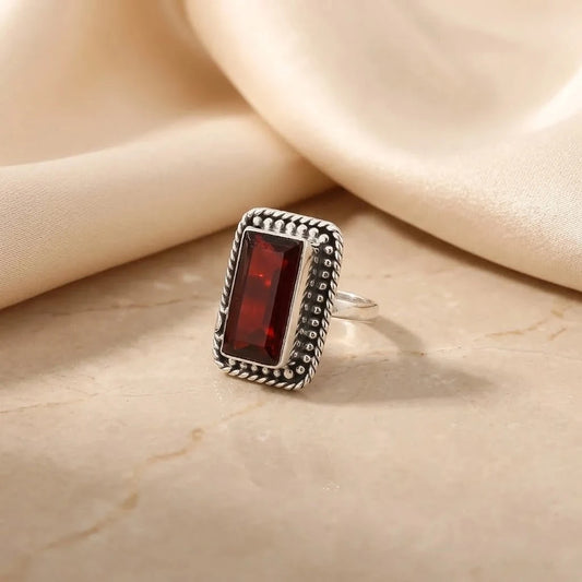 Sterling Silver Vintage Design with Rectangle Red Gem Stone Ring for Girls
