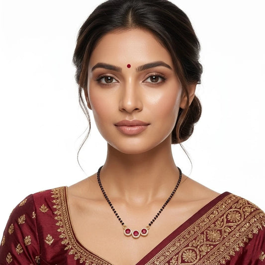 Stylish Mangalsutra with Three Ruby Gemstones and Black Beads