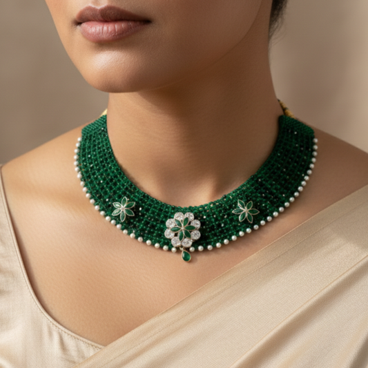 Traditional Green & Silver Three Flower Choker Necklace for Women