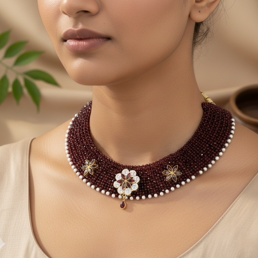 Traditional Maroon & Silver Three Flower Choker Necklace for Women