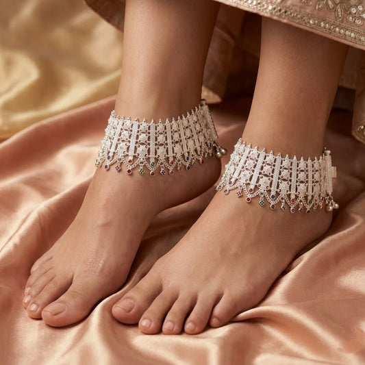 Traditional Silver Broad Designer Payal for Women Colorful Stone