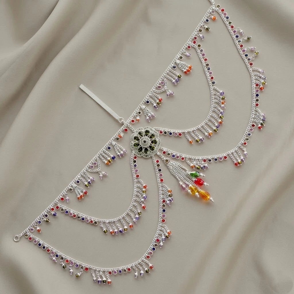 Traditional Silver Kamarbandh for Women Colorful Stone