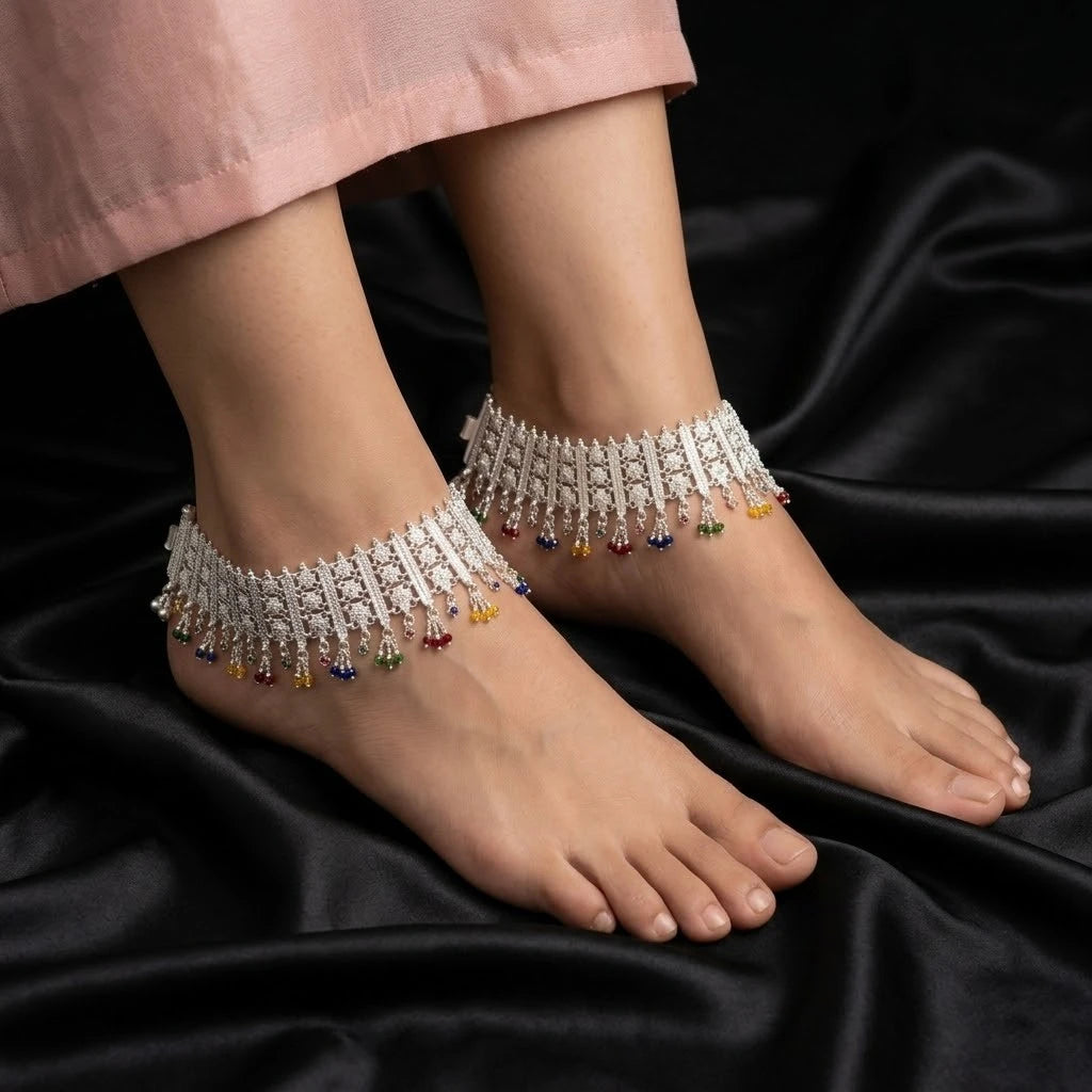Traditional Silver Multicolor Tassel Payal for Women
