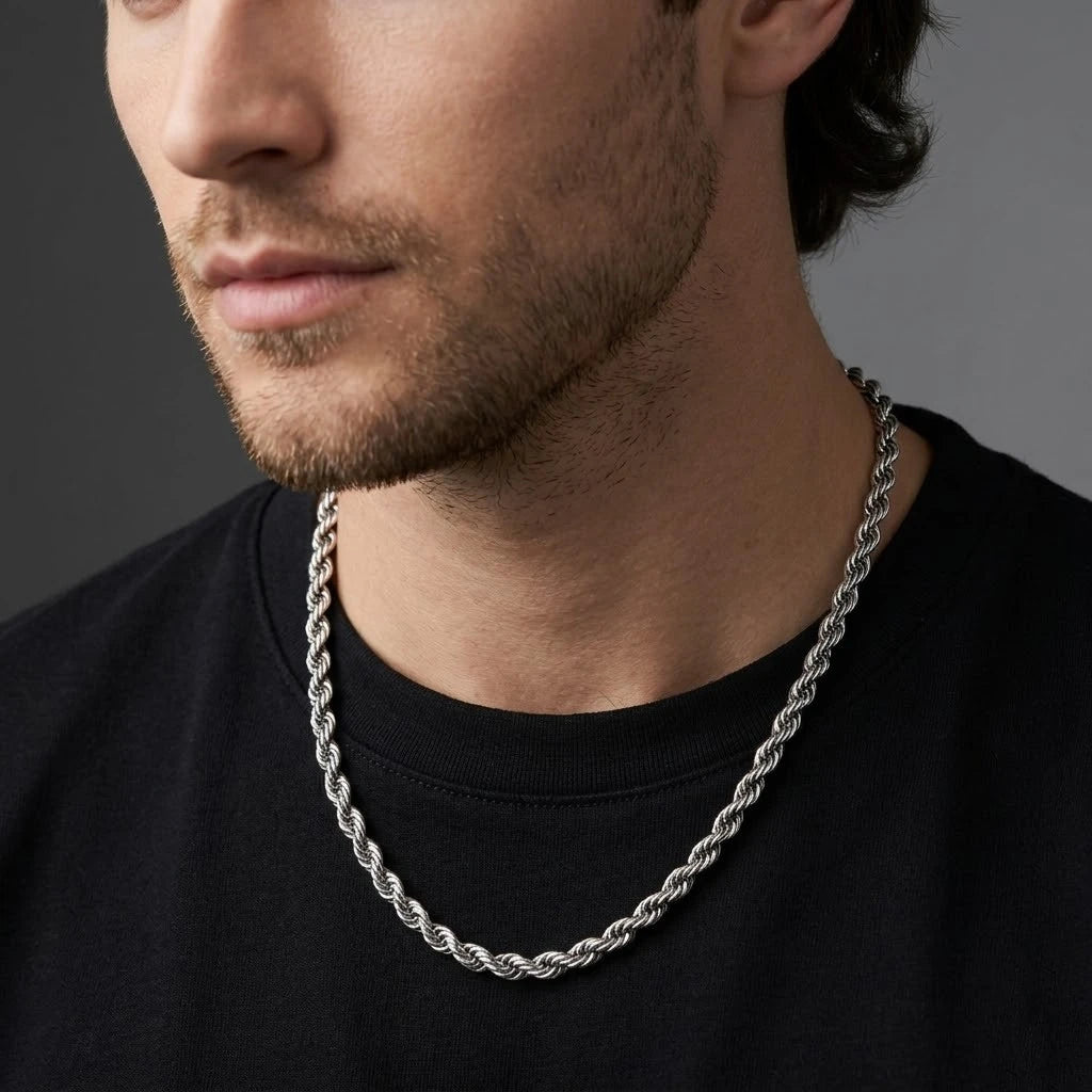 Twisted Rope Linked Silver Chain For Boys
