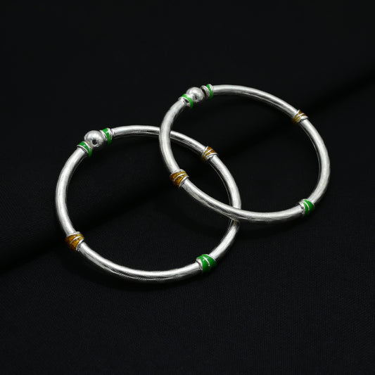 Simple Silver Kada with Green and Yellow Lining - Trendy and Stylish
