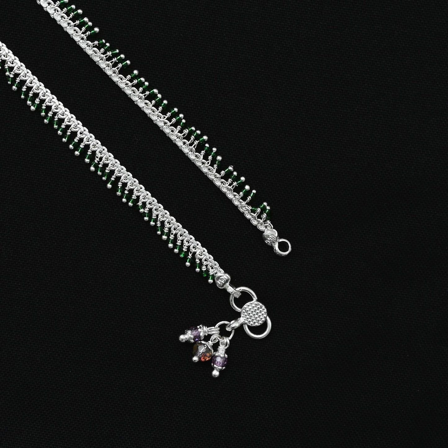 Beautiful silver payal with green minimal gems, designed for a delicate and graceful appearance