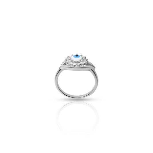 Stylish silver ring featuring blue eye motif.