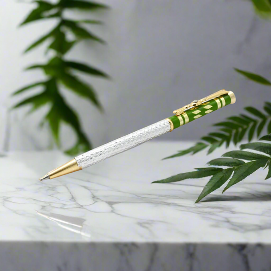 Silver pen featuring a vibrant green design for a unique look