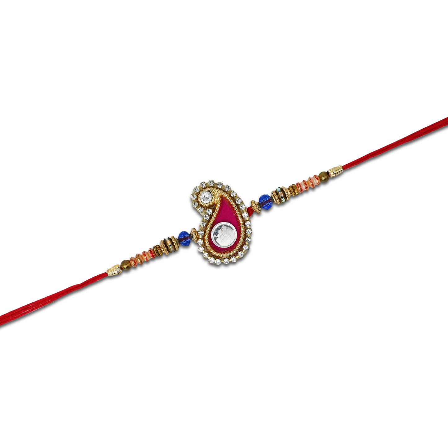 Boys' Rakhi featuring a silver Ganesh Ji centerpiece, pink theme, and vibrant beads.