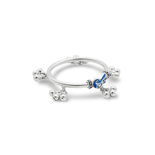 Cute silver kada anklet for babies with a blue peacock motif and ghungroos