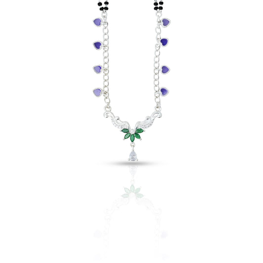 Trendy silver mangalsutra for girls with vibrant purple and green gemstones and wing accents