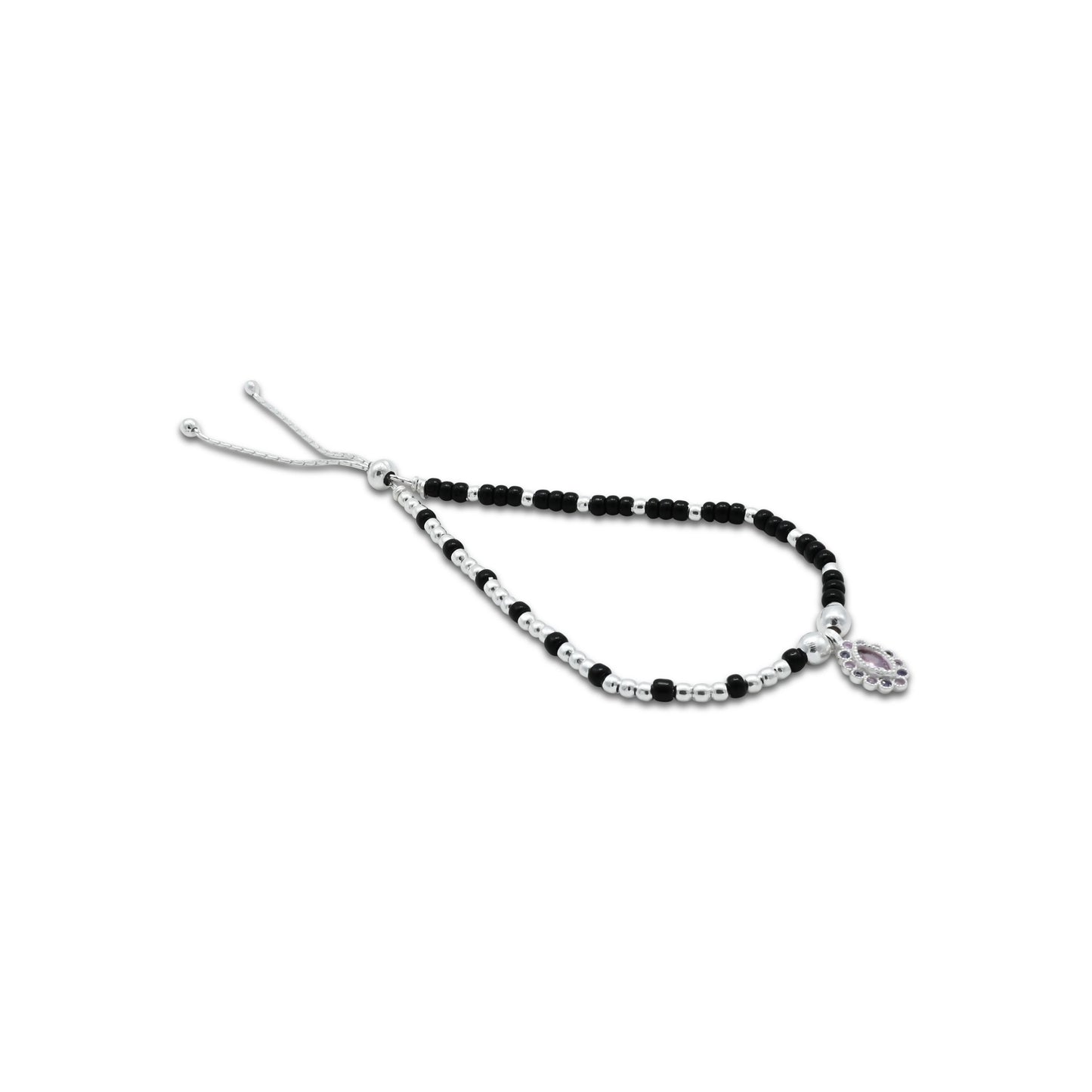Sterling Silver and Black Beads with Oval Shape Purple Stone Anklet for Girls