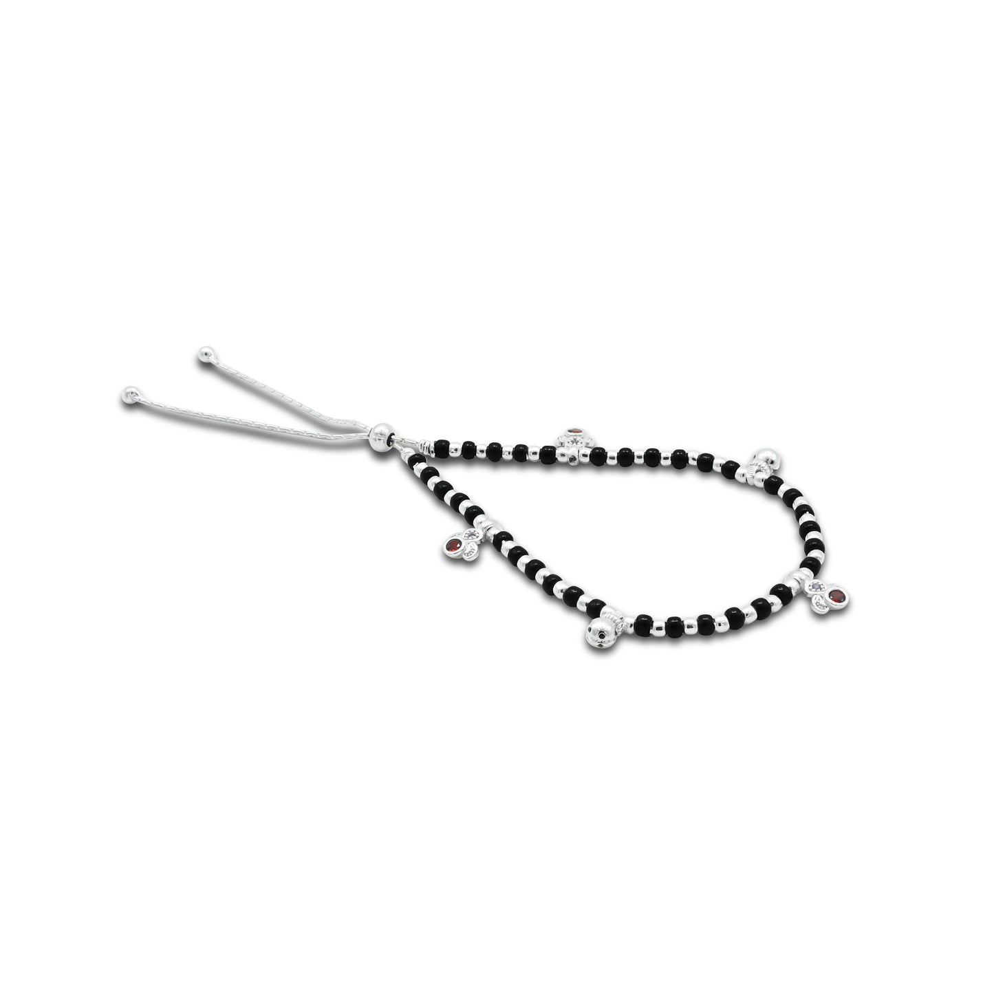 Sterling Silver Red Gem Stone with Silver and Black Beads Anklet for Girls