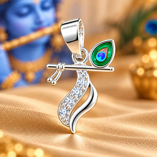 Silver Krishna Flute Pendant with Morpankh Design