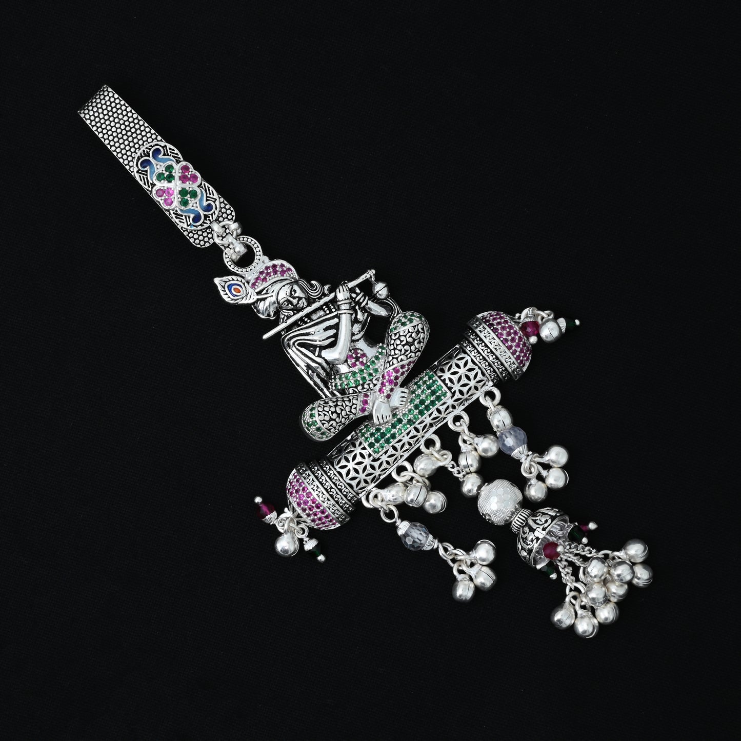 Elegant silver Krishna Ji chabi chhala with flute details, perfect for girls
