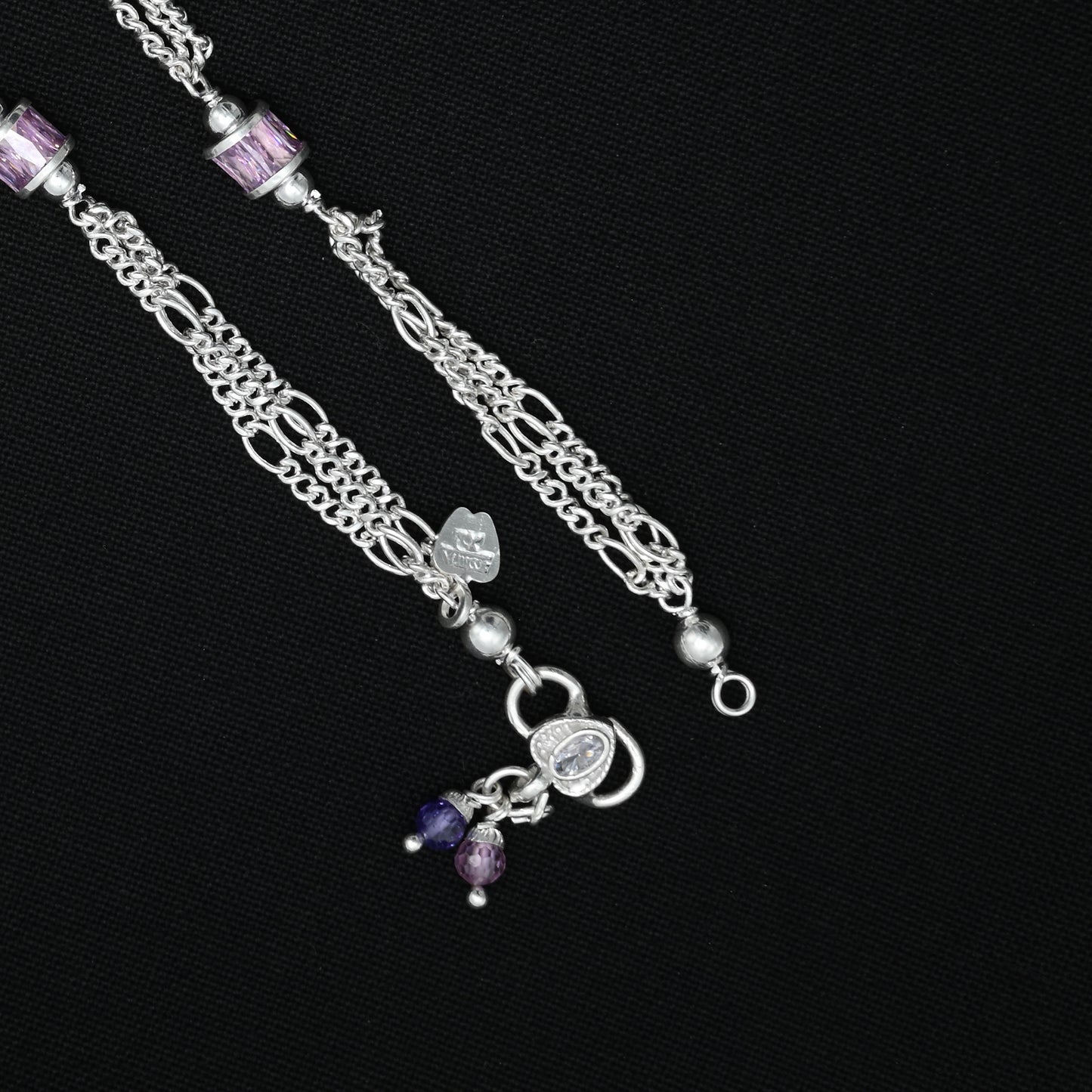 Elegant silver anklet with multiple chains and colorful gemstone accents