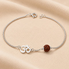 Men’s Silver Rudraksha Bracelet Om Symbol Adjustable