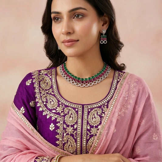 Premium Silver Bridal Jewellery Set of Gemstone Necklace And Earrings
