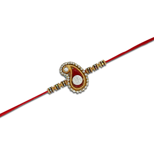 Boys' Rakhi featuring a silver Swasthik centerpiece with a red theme and vibrant colorful beads