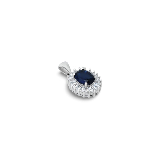 Elegant silver pendant with a blue oval gemstone and sparkling CZ stone border