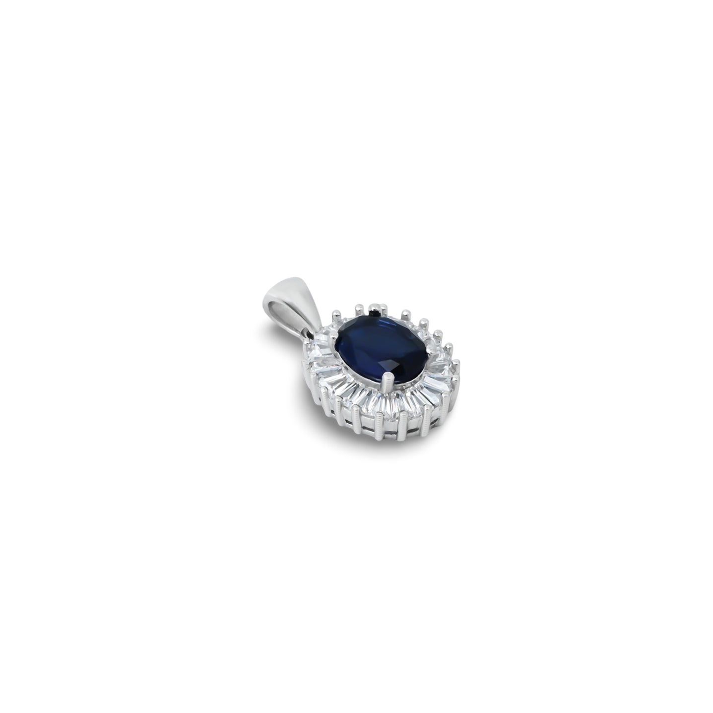 Elegant silver pendant with a blue oval gemstone and sparkling CZ stone border