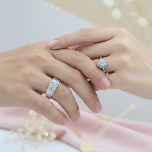 His & Her Silver Couple Ring Combo Heart CZ Ring & Geometric Band