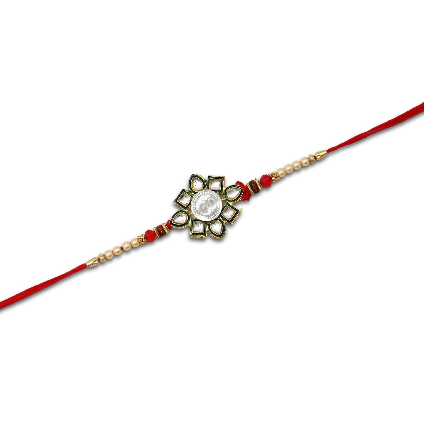Boys' Rakhi featuring a silver Om flower centerpiece with vibrant multi-color beads.