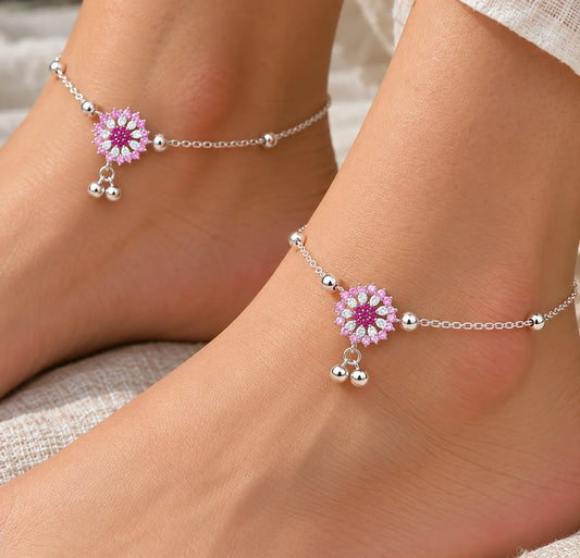 Floral Silver Anklet Light Pink Gemstone Detail