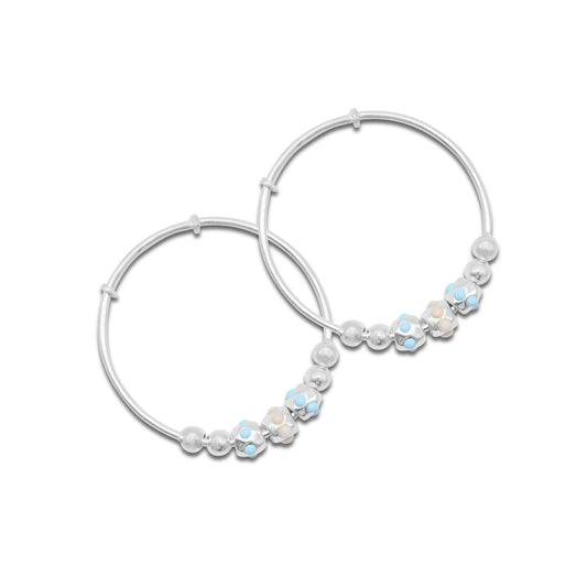 Sterling silver baby kada bangles with blue and beige dotted bead accents