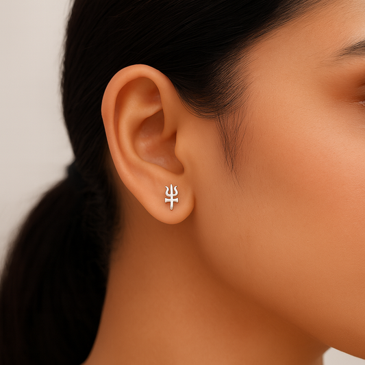 Silver Trishul Damru Divine Stud Earrings