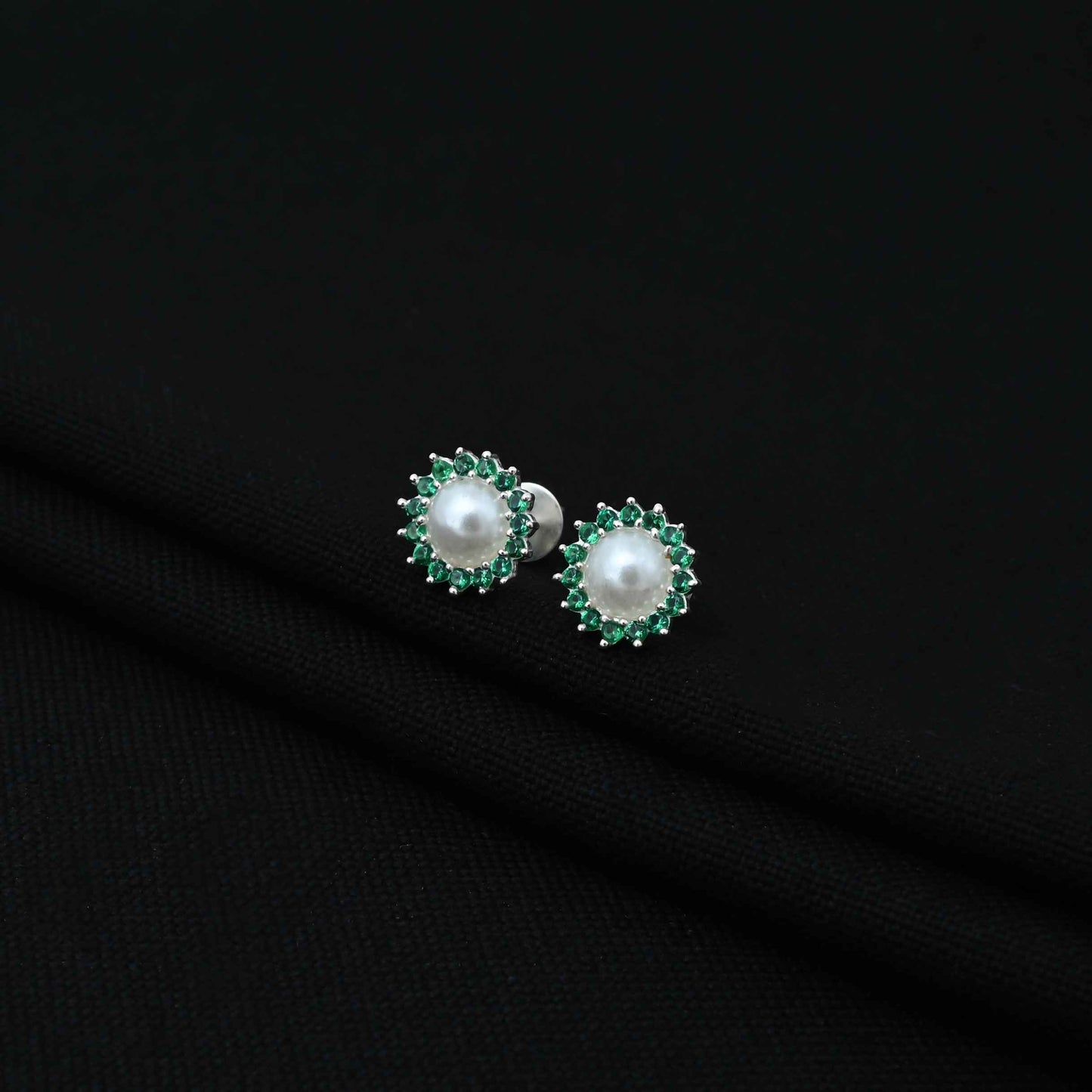 Silver Small Green Stone on Edge Flower Design Earrings for Girls