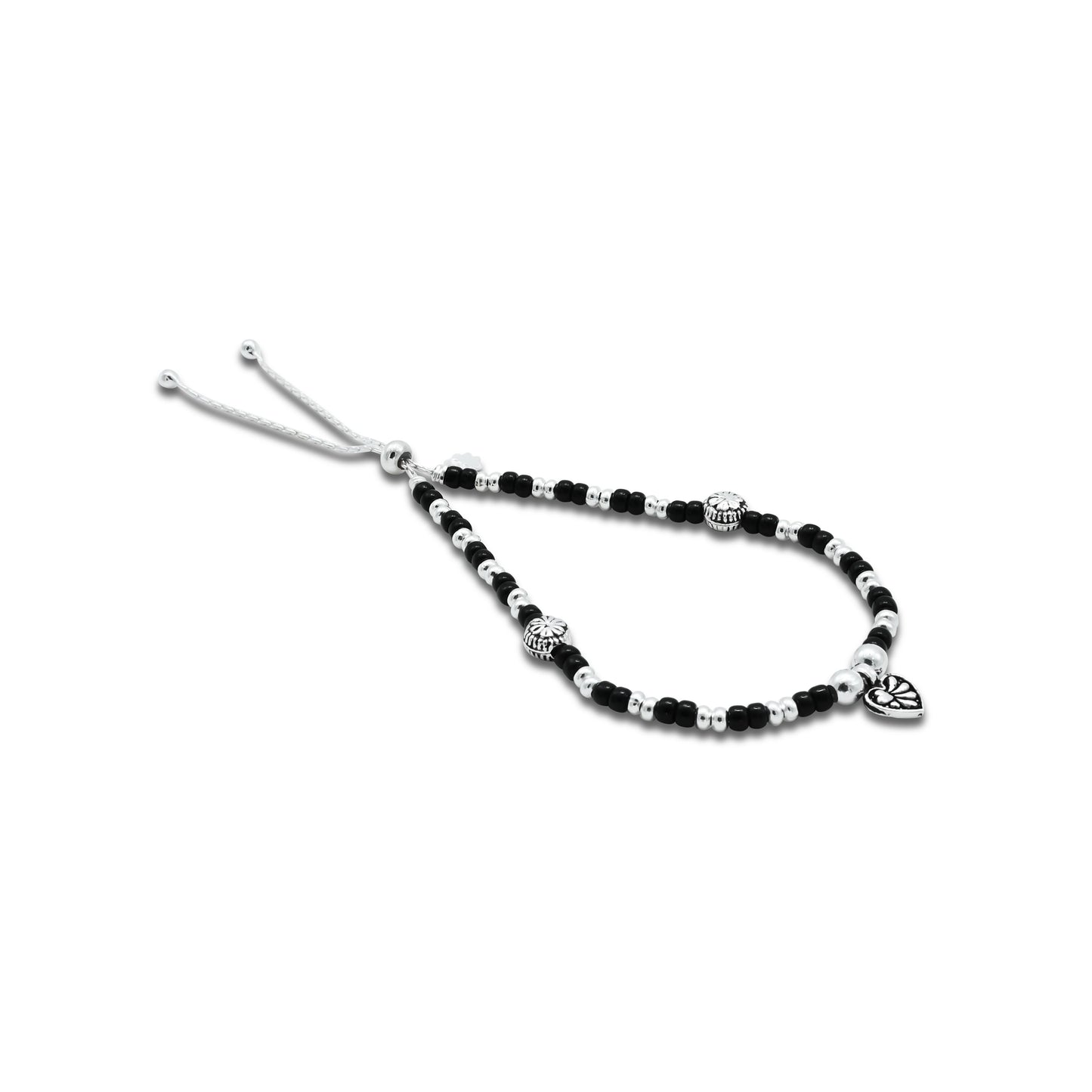 Sterling Silver and Black Beads with Plant Design Anklet for Girls