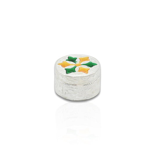 Elegant silver round Sindoor box featuring colorful accents for spiritual rituals