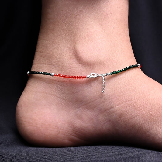 Silver Black & Dark Green Beads Anklet
