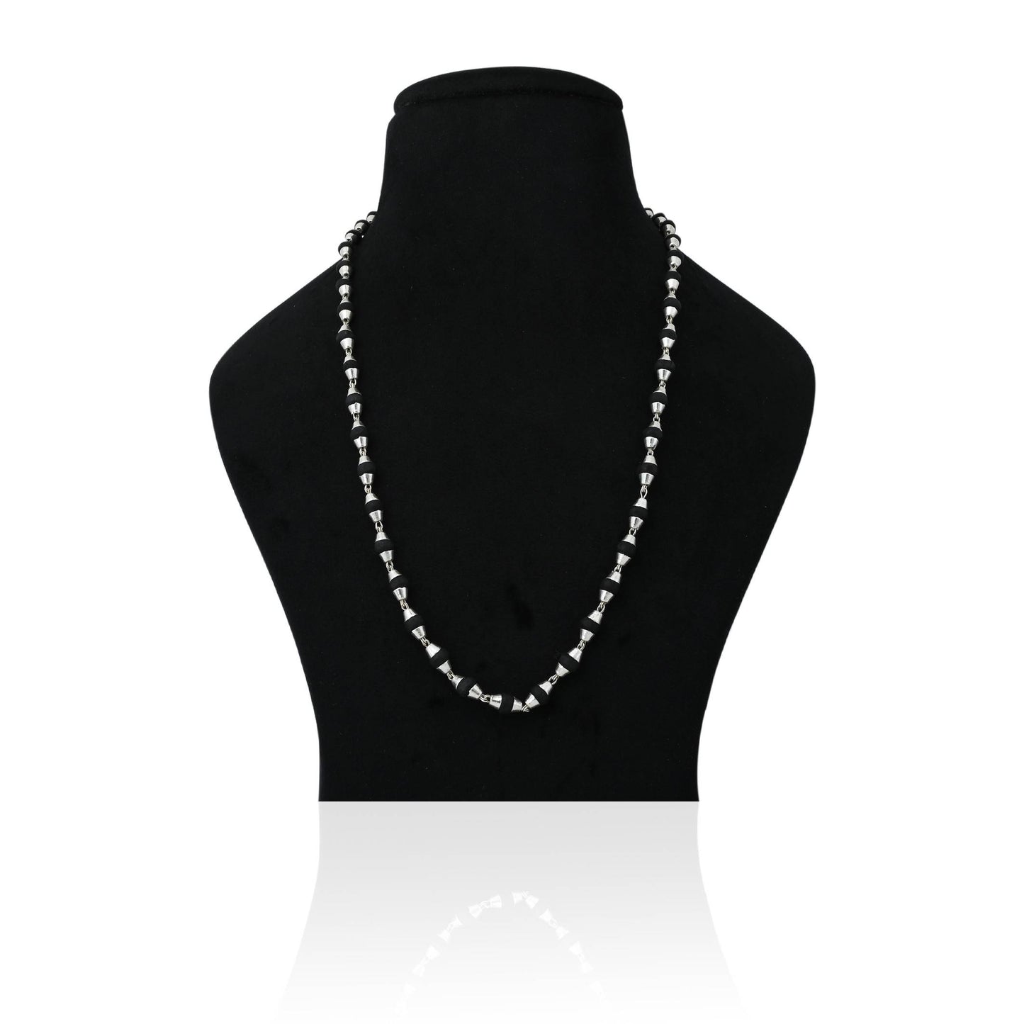 Silver engraved auspicious Tulsi mala, designed to bring spiritual blessings and purity.